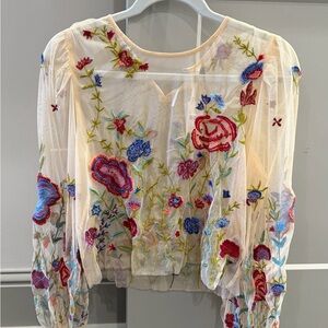 Anthropologie Sheer Blouse with Colorful Floral Embroidery